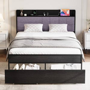 Queen Size Upholstered Bed Frame with Storage Drawers and Headboard, Black Platform Bed with Charging Station - 1 of 4