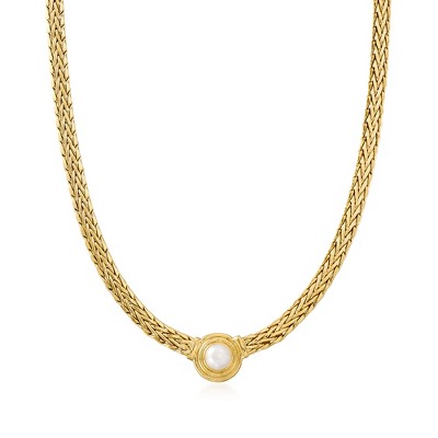 Ross-Simons 8mm Cultured Pearl Flat Wheat-Chain Necklace in 18kt Gold Over Sterling