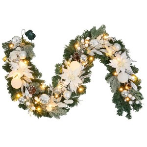 MOEPISY Pre-lit 6 feet Winter White Silver Poinsettia Garland with 25 LED Lights - 1 of 4
