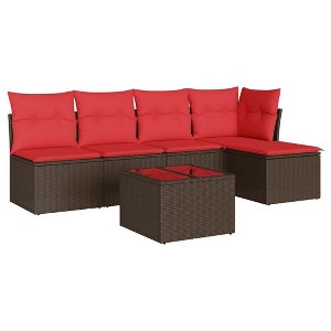 vidaXL 6 Piece Patio Sofa Set with Cushions - Brown and Red With Table - 1 of 4