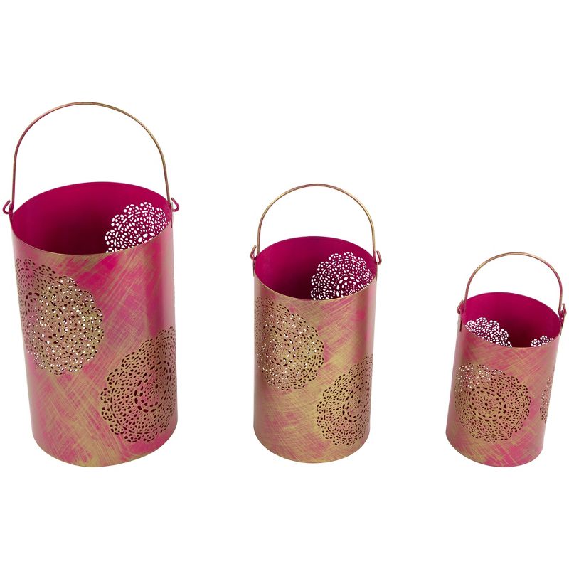 Northlight Set of 3 Fuchsia Pink and Gold Floral Laser-Cut Pillar Candle Lanterns, 5 of 7