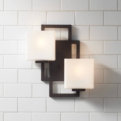 Contemporary Bronze 19" Wall Sconce with Opal Glass Shades
