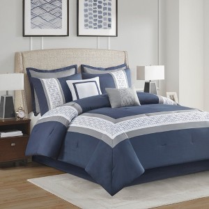 8Pcs Comforter Set, Solid Bedding Set, Microfiber Bed Comforter, Navy, Queen - 1 of 4