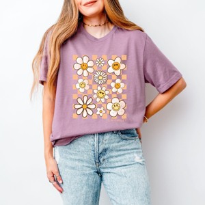 Simply Sage Market S.W.Smiley Checkered Smiley Face Flowers Short Sleeve Tee - 1 of 4