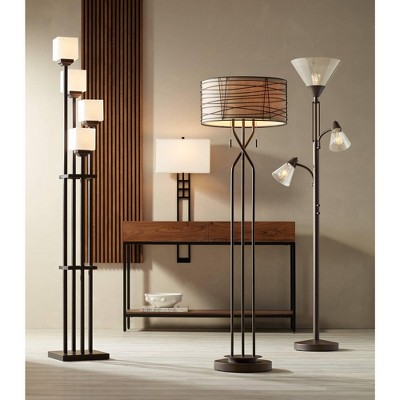 Bronze Iron 4-Light Torchiere Floor Lamp with Square Shades