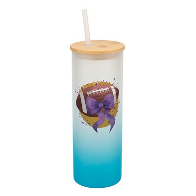 Elanze Designs 25 Ounce Frosted Glass Gradient Travel Tumbler With Straw and Wooden Lid, Football With Purple Bow Sky Blue