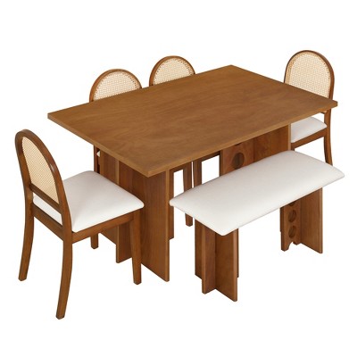 Brown Solid Wood Dining Set with Rattan Chairs and Bench