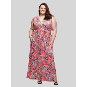 24seven Comfort Apparel Plus Size Pink Paisley Print V Neck Empire Waist Sleeveless Maxi Dress - 1 of 4
