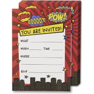 Juvale Action Hero Invitation Cards - 24 Fill-in Invites with Envelopes for Kids Birthday Bash and Theme Party, 5 x 7 Inches, Postcard Style - 1 of 4