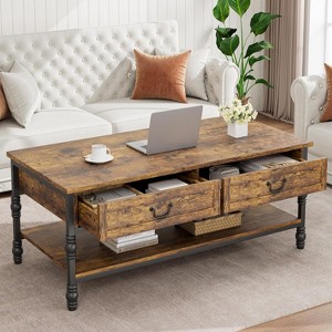 41 Inch Large Coffee Table with Drawers, Rectangular Cocktail Table with Storage, Vintage Living Room Table, Rustic Brown - 1 of 4