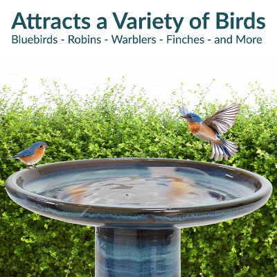Galaxy Blue Ceramic Bird Bath with Ribbed Pedestal, 21" H