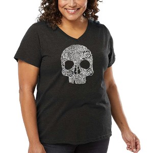 LA Pop Art Women's Word Art V-Neck - Flower Skull - 1 of 4