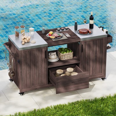 Rolling Kitchen Cart With Big Green Egg Grills And Drawer,Solid Wood Kitchen Island Cart With Grill With Stainless Steel Top -Maison Boucle