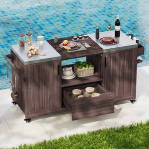 Coolbibila-66" Outdoor Kitchen Island For Big Green Egg Grills, Solid Wood Outdoor Grill Cart For Tabletop Grill With Stainless Steel Top - 1 of 4