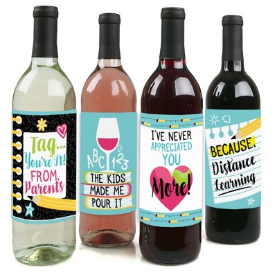 Big Dot of Happiness Goodbye Distance Learning - Back to School Teacher Appreciation Gift for Women and Men - Wine Bottle Label Stickers - Set of 4