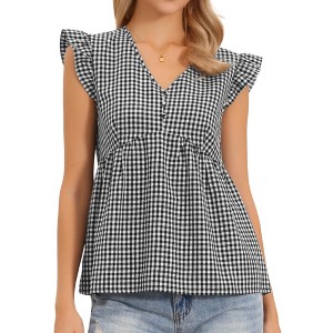 INSPIRE CHIC Women's Summer Gingham Sleeveless V Neck Peplum Casual Plaid Blouses - 1 of 4