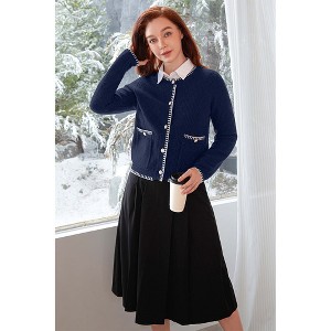 V For City Women's Tweed Jacket Cardigan Blazers Round Neck Long Sleeve Button Down Sweater Coat with Pockets - 1 of 4