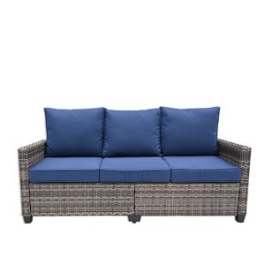 FIONECA 3-Piece Patio Furniture Set ¨C PE Wicker Barrel-Style Sofa Set with Blue Cushions - 1 of 4