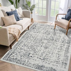 Vintage Distressed Floor Cover Living Room Foldable Thin Rug Indoor Traditional Non Slip Carpet Floral - 1 of 4