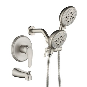 Cobbe Single Handle Wall Mounted Dual Shower Head with 5 Settings Hand Shower and Rain Shower Head and Tub Spout Shower Set Brushed Nickel - 1 of 4