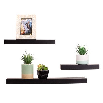 Set of 3 Black MDF Floating Wall Shelves for Living Room