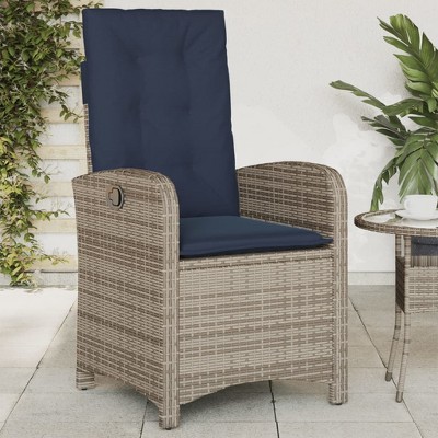vidaXL Reclining Patio Chair-Gray Poly Rattan with Navy Cushions, Adjustable Backrest for Garden/Outdoor/Deck Lounging, Washable Covers