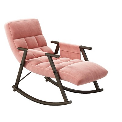 TiramisuBest Folding Rocking Chair with Adjustable Back & Footrest, Teddy Fabric Lounge Chair with Side Pockets for Living Room, Nursery¨CPink