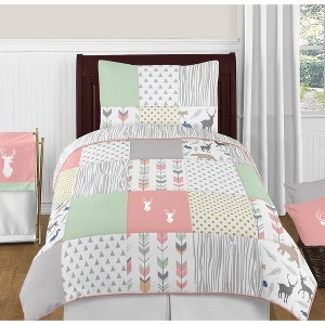 Sweet Jojo Designs Girl Twin Comforter Bedding Set Woodsy Pink Green and Grey 2pc - 1 of 4