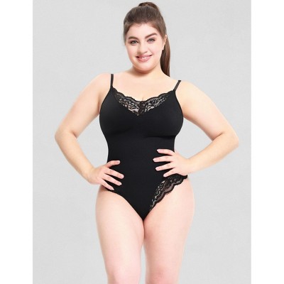 Womens V Neck Lace Trim Bodysuit Sleeveless Spaghetti Strap Going Out Tank Top Black 1XL