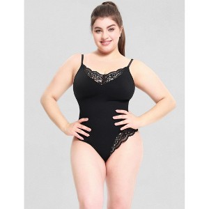 Womens V Neck Lace Trim Bodysuit Sleeveless Spaghetti Strap Going Out Tank Top - 1 of 4
