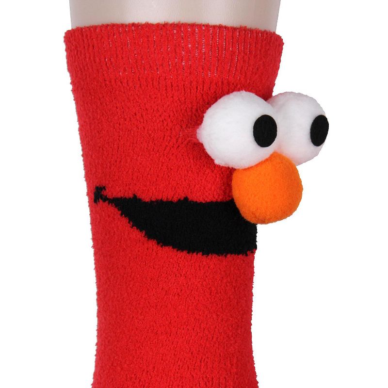 Sesame Street Socks 3D Eyes And Nose Elmo Adult Chenille Fuzzy Plush Crew Socks Red, 3 of 6