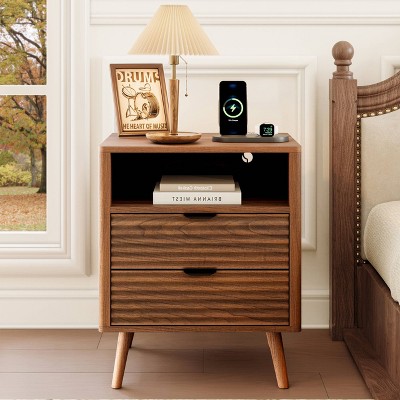 WOWLIVE Nightstand for Bedroom with LED Lights & Charging Station, Bedside Table with 2 Drawers and an Open Shelf