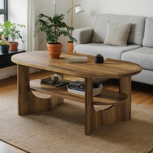 Hommoo 47.2" Oval Wooden Coffee Table, 2-Tier Center Table with Storage Shelves - 1 of 4