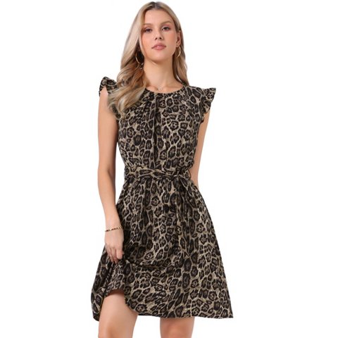 Женские платья INSPIRE CHIC Women's Leopard Ruffled Sleeve Round Neck Flowy Belted A-Line Mini Dresses X-Large Brown