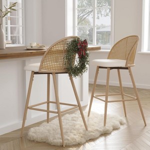 TYBOATLE Bar Stools Set, 29" Rattan Swivel Barstools with Faux Leather, Boho Mid-Century Modern Upholstered Bar Chairs for Kitchen Island - 1 of 4