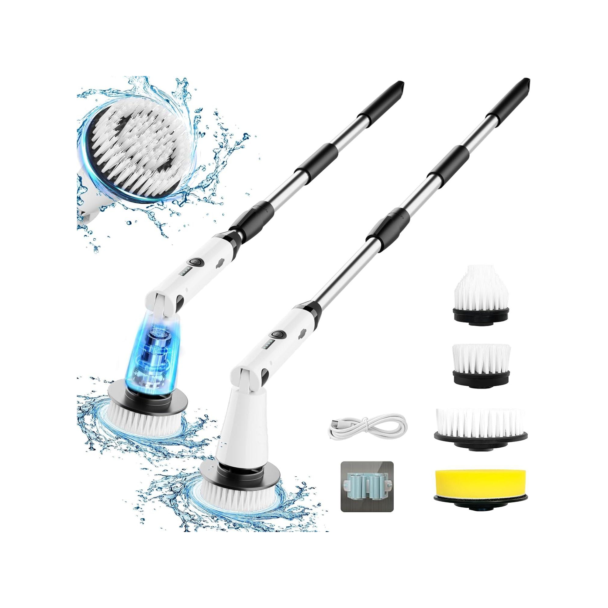 Swtroom Electric Spin Scrubber - Power Shower Cleaning Brush with Extendable Handle & 4 Brush Heads for Bathrooms Window and Floor White/Black