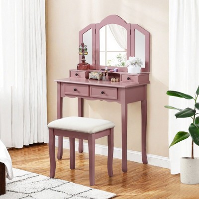 NicBex Vanity Desk with Mirror 31" Vanity Table with Tri-fold Mirror, European Style Makeup Vanity with 4 Drawer and 1 Upholstered Stool
