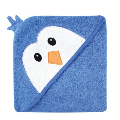 Luvable Friends Baby Boy Cotton Animal Face Hooded Towel, Blue Penguin, One Size