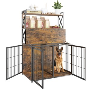 Heavy Duty Dog Crate Furniture - 4-Door Wooden Kennel w/Storage Shelves & Flip Door, Adjustable Divider for Small/Medium Dogs - 1 of 4