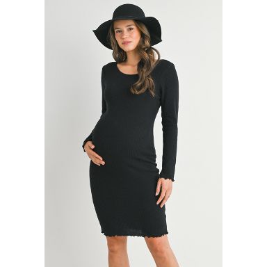 Hello Miz Women's Ribbed Knit Maternity Sweater Dress with Lettuce Hem - Black - X Large