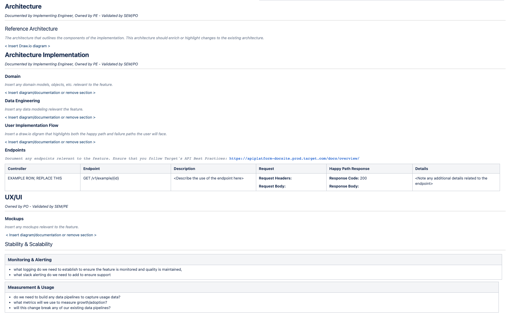 Middle section of an example feature doc titled "Architecture," with subsections for "Architecture Implementation," and "UX/UI" with subsections for Mockups and Stability & Scalability