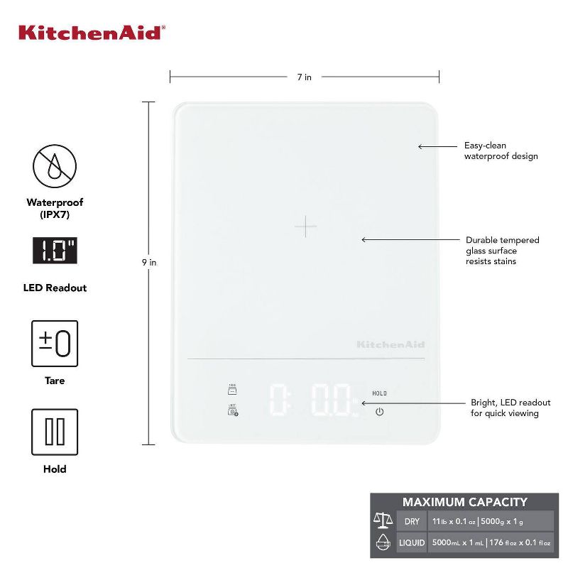 KitchenAid 11lb Waterproof Kitchen Digital Food Scale White, 2 of 11
