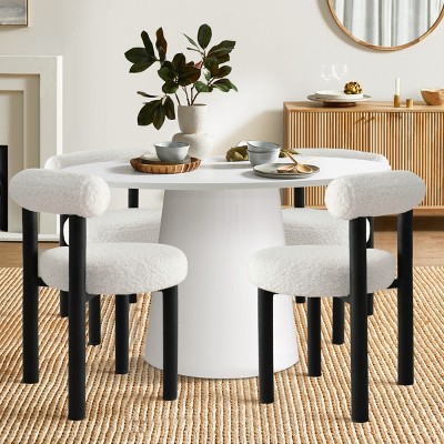 Dwen+Shaun 5-Piece Dining Table Set for 4, 46" Manufactured Grain and 4 Round Seat Beige Boucle Dining Room Chairs -Maison Boucle