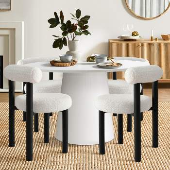 Dwen+Shaun 5-Piece 46" Manufactured Grain and 18.5" Wide 4 Round Seat Beige Boucle Chairs Modern Round Dining Table Set-The Pop Maison