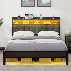 AMERLIFE Bed Frame with LED Lights & Charging Station, Linen Upholstered Headboard with 2-Tier Storage - 1 of 4