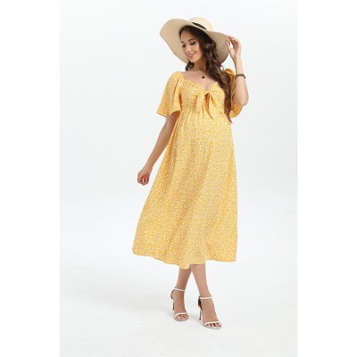 Maternity Dress Floral Women's Knotted Side Slit Knee Length Wrap Dress
