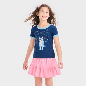 Girls' Bluey Americana Boxy Short Sleeve Graphic T-Shirt - Dark Blue - 1 of 4