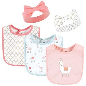 Hudson Baby Infant Girl Cotton Bib and Headband or Caps Set, Llama, One Size - 1 of 4