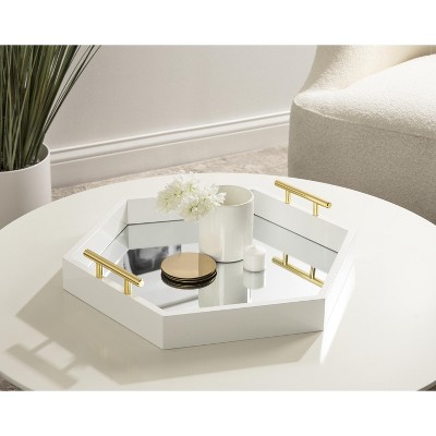 White and Gold Hexagon Wood Accent Tray with Mirror