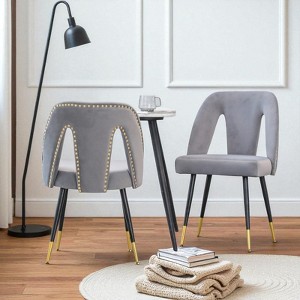 Mshliw Set of 2 Contemporary Velvet Upholstered Dining Chairs with Nailhead Trim and Gold-Tipped Black Metal Legs - 1 of 4